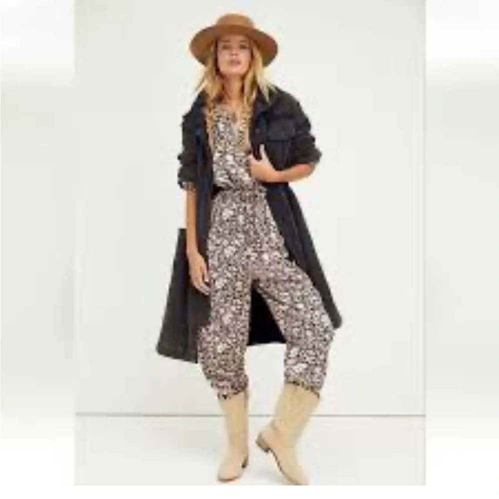 Free People Black and Cream Floral Jumpsuit coveralls I got a feeling